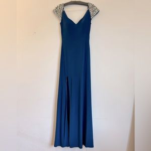 Formal Royal Blue Slit Leg Dress with Jeweled Sleeves